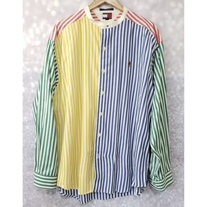 VTG Tommy Hilfiger Retro Striped Button Down Multicolor Sleeve Shirt XL Mandarin